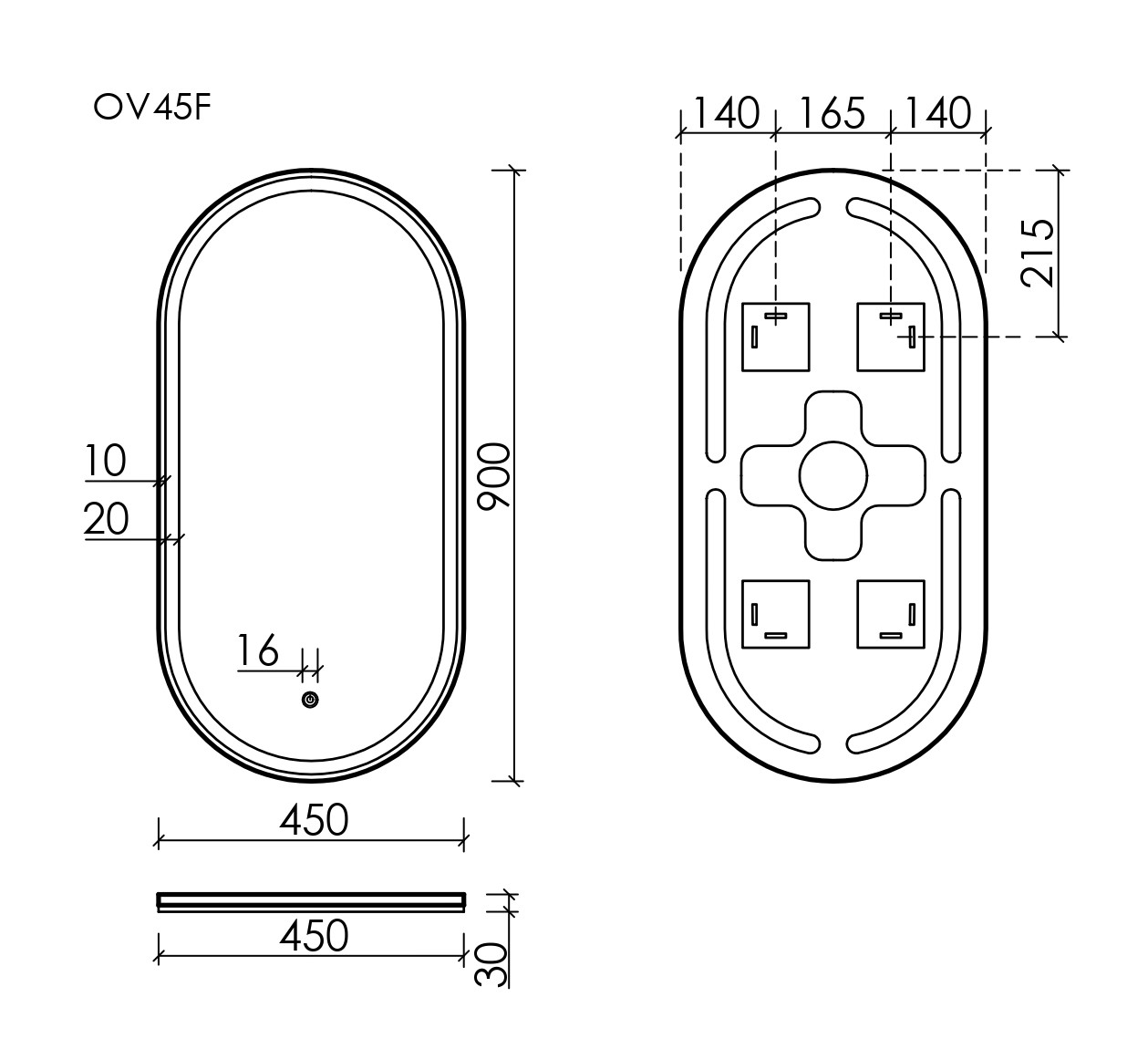 Схема Зеркало с подсветкой Овал (Oval) 450x900 мм