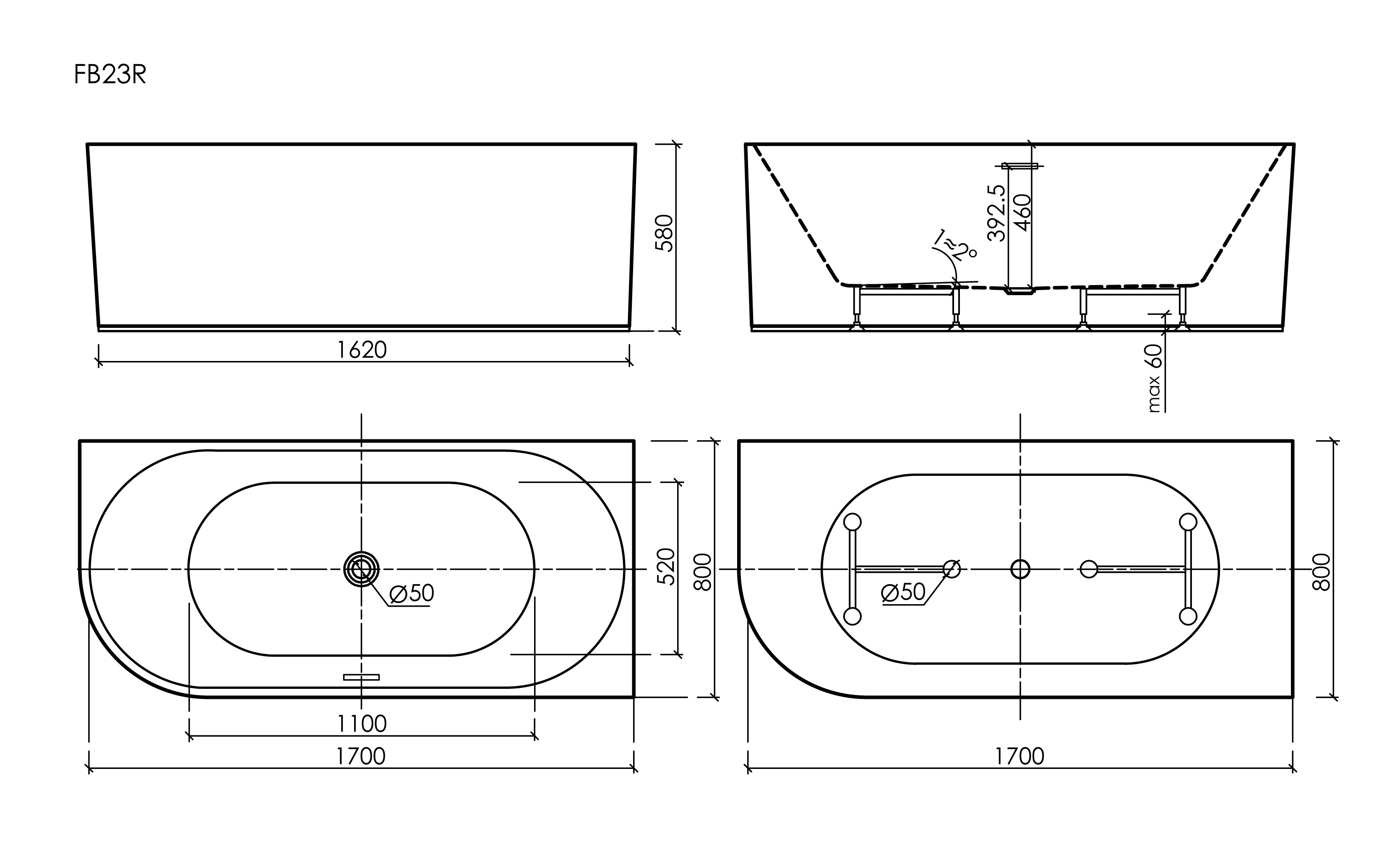 Схема Ванна акриловая угловая Sancos Грань Р / Edge R FB23R 170x80x58 овальная, правая, с каркасом, со сливом-переливом, донным клапаном с системой "Клик - Клак", белый