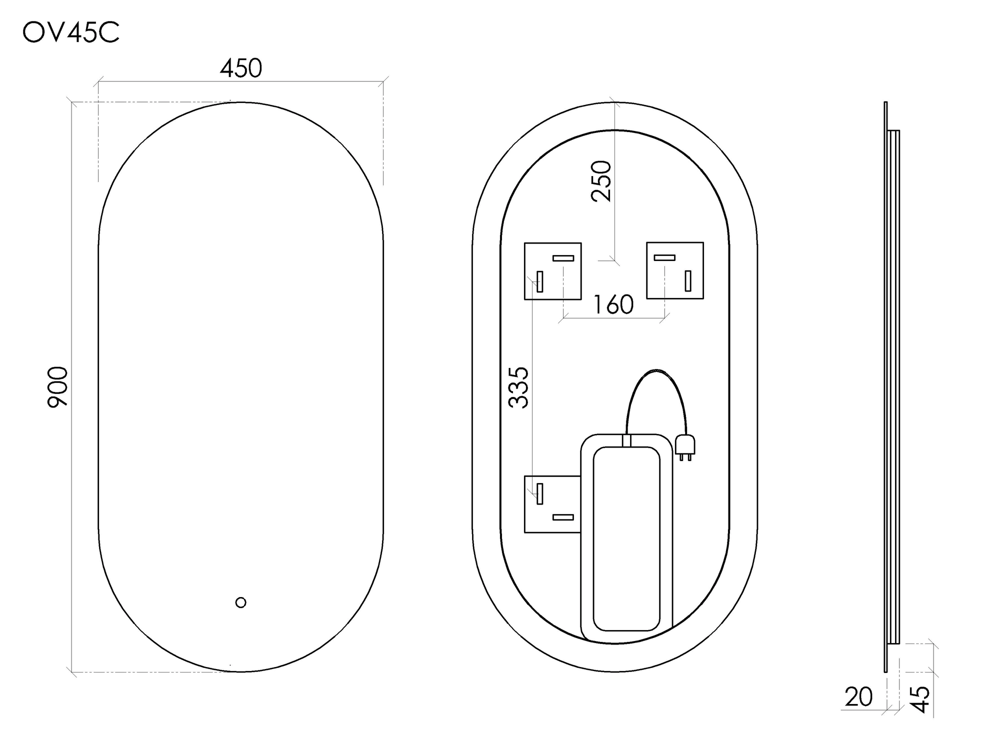 Схема Зеркало с подсветкой Овал (Oval) 450x900 мм