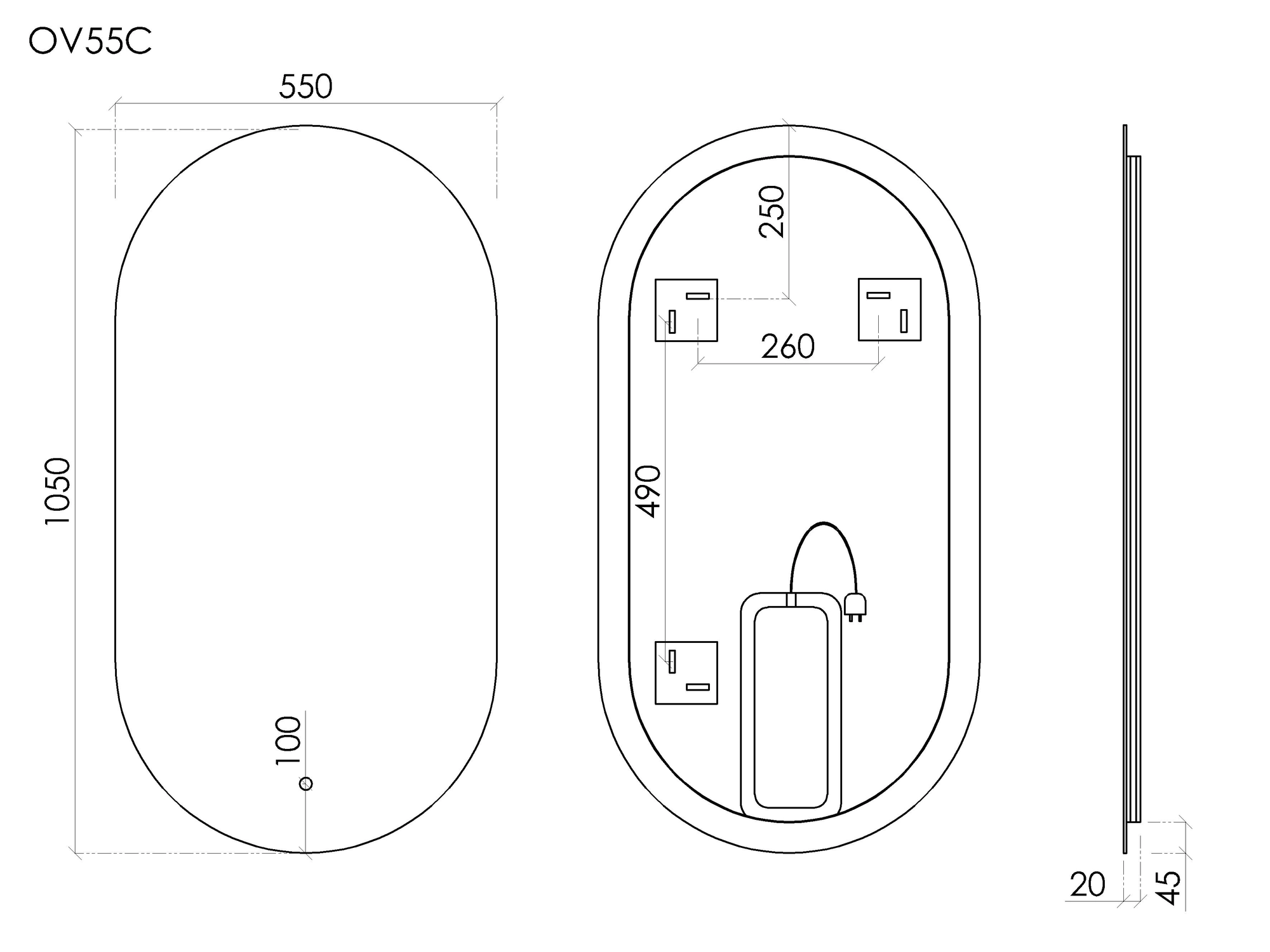 Схема Зеркало с подсветкой Овал (Oval) 550x1050 мм