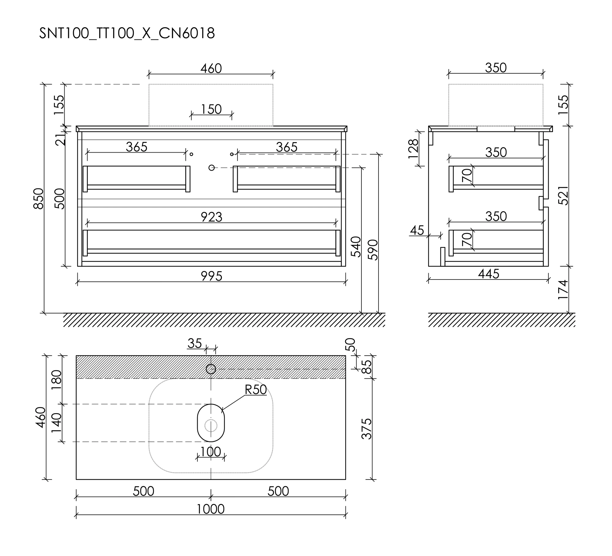 Тумба под столешницу Sancos Сноб T / Snob T 99,5x44,5x50 подвесная, пыльная роза / doha soft, столешница с отверстием под смеситель, креман / kreman — МЕБ009880 — технический чертёж