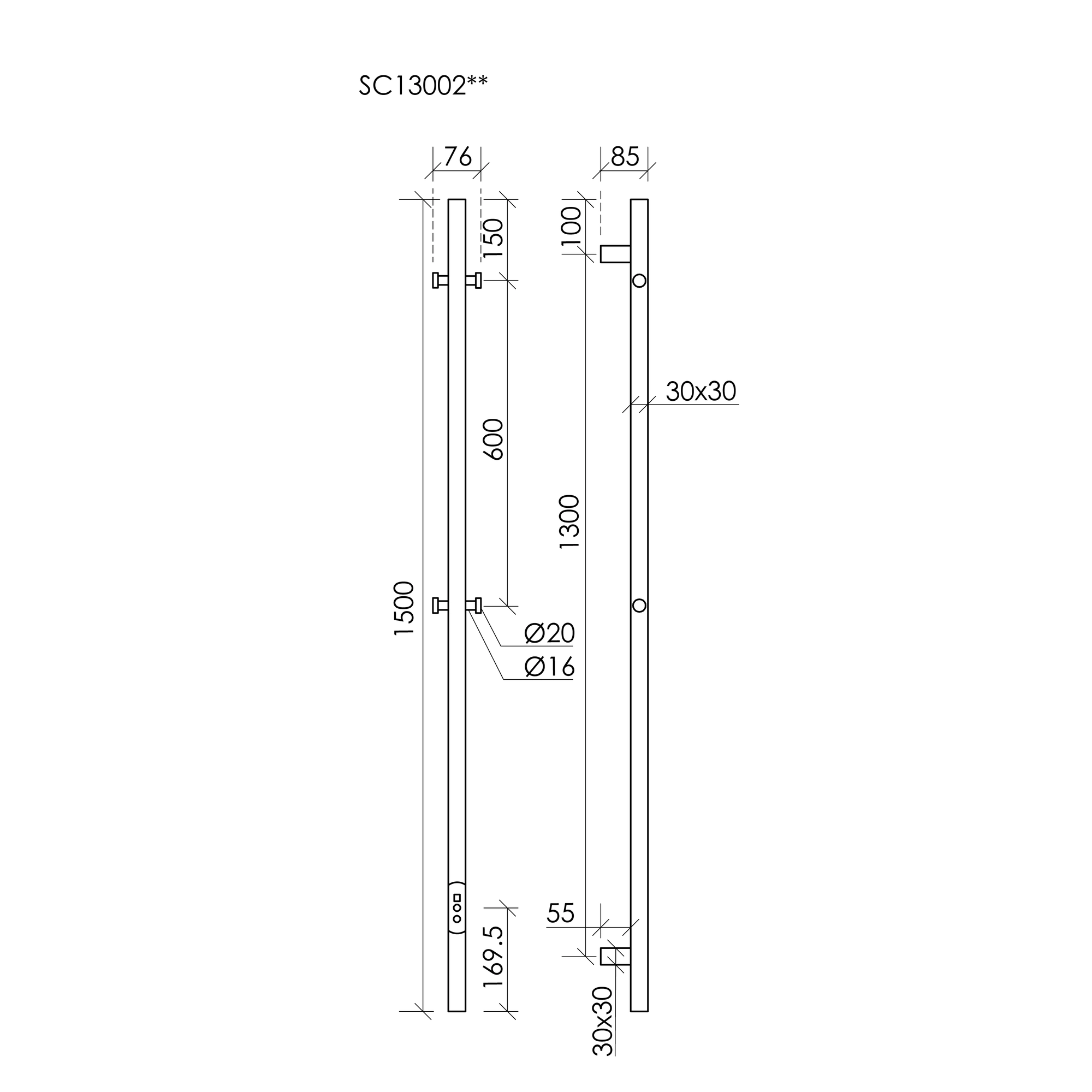 Схема Полотенцесушитель электрический Sancos Линн / Linn SC13002BG 150x3 I-образный, вакуумное напыление (PVD-покрытие), брашированное золото