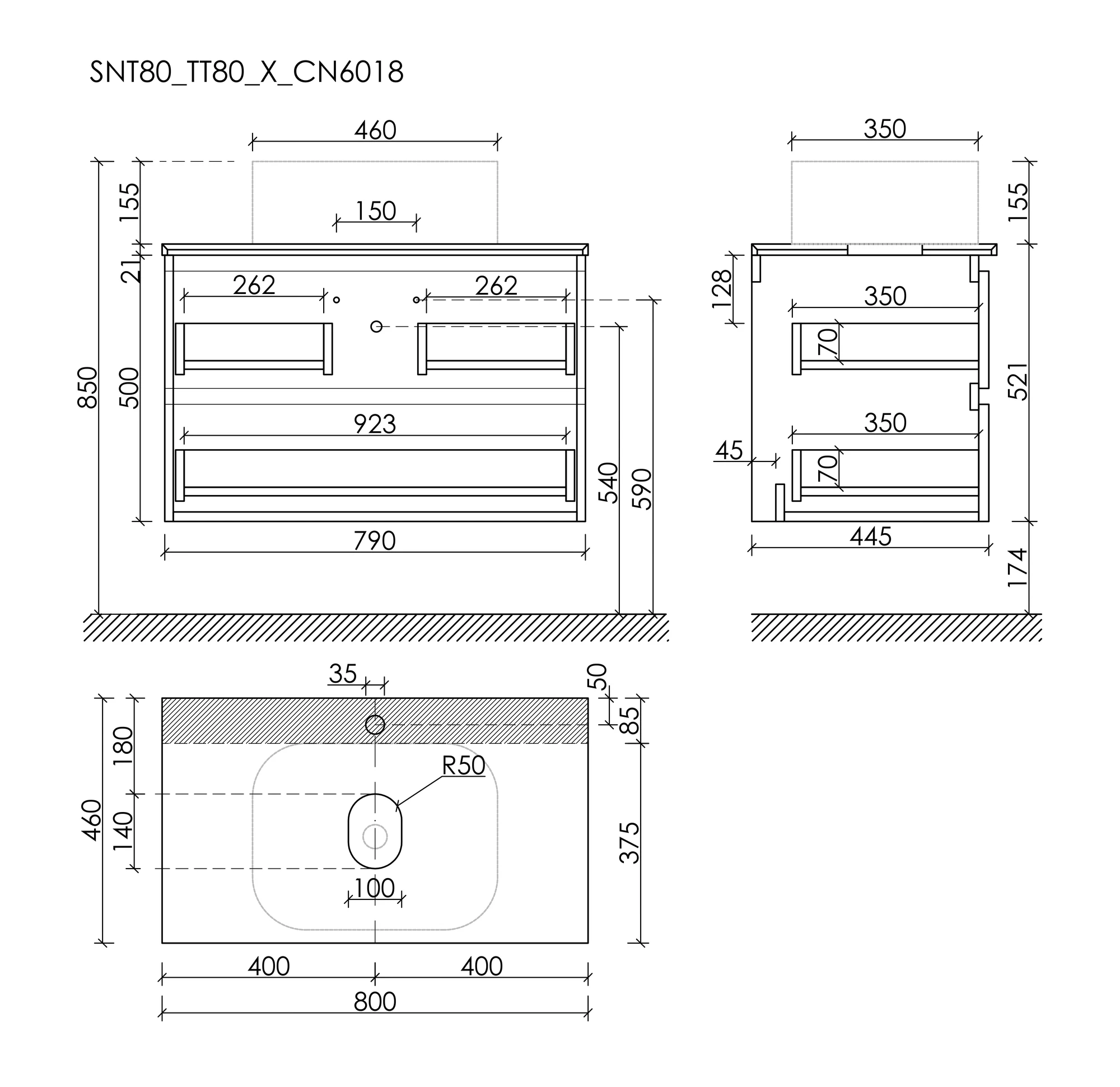 Тумба под столешницу Sancos Сноб T / Snob T 79x44,5x50 подвесная, пыльная роза / doha soft, столешница с отверстием под смеситель, креман / kreman — МЕБ009877 — технический чертёж
