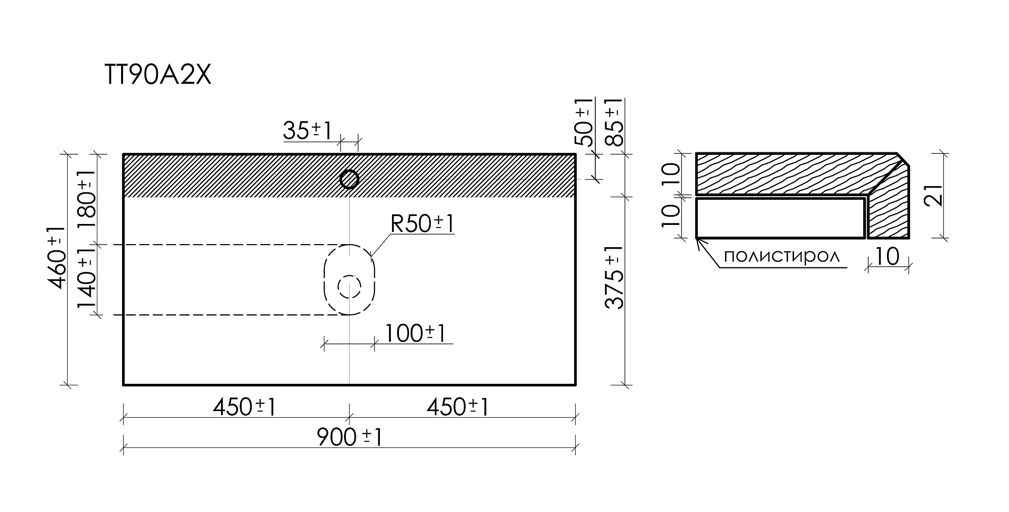 Столешница Sancos 90x46 с отверстием под смеситель, креман / kreman — СТО010301 — технический чертёж