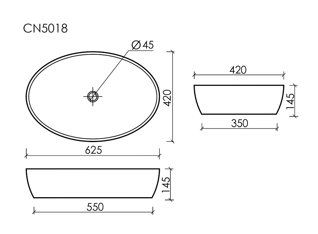 Схема Раковина накладная Ceramicanova Элемент / Element CN5018 62,5x42x14,5 без перелива, овальная, белый