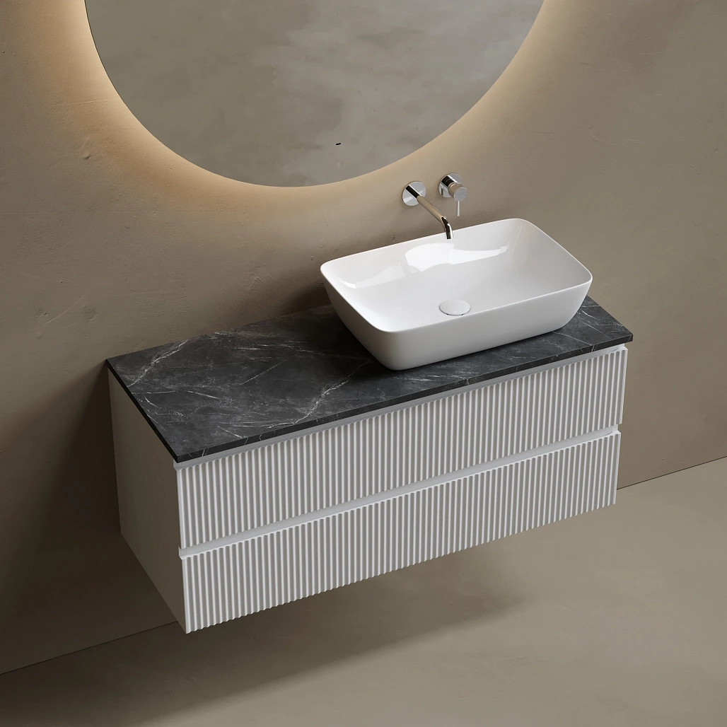 Тумба под столешницу Sancos Сноб Р / Snob R 119,5x44,5x50 правая, подвесная, бежевый матовый / beige soft, столешница без отверстия под смеситель, черное небо / black sky — МЕБ009824 — фото 3