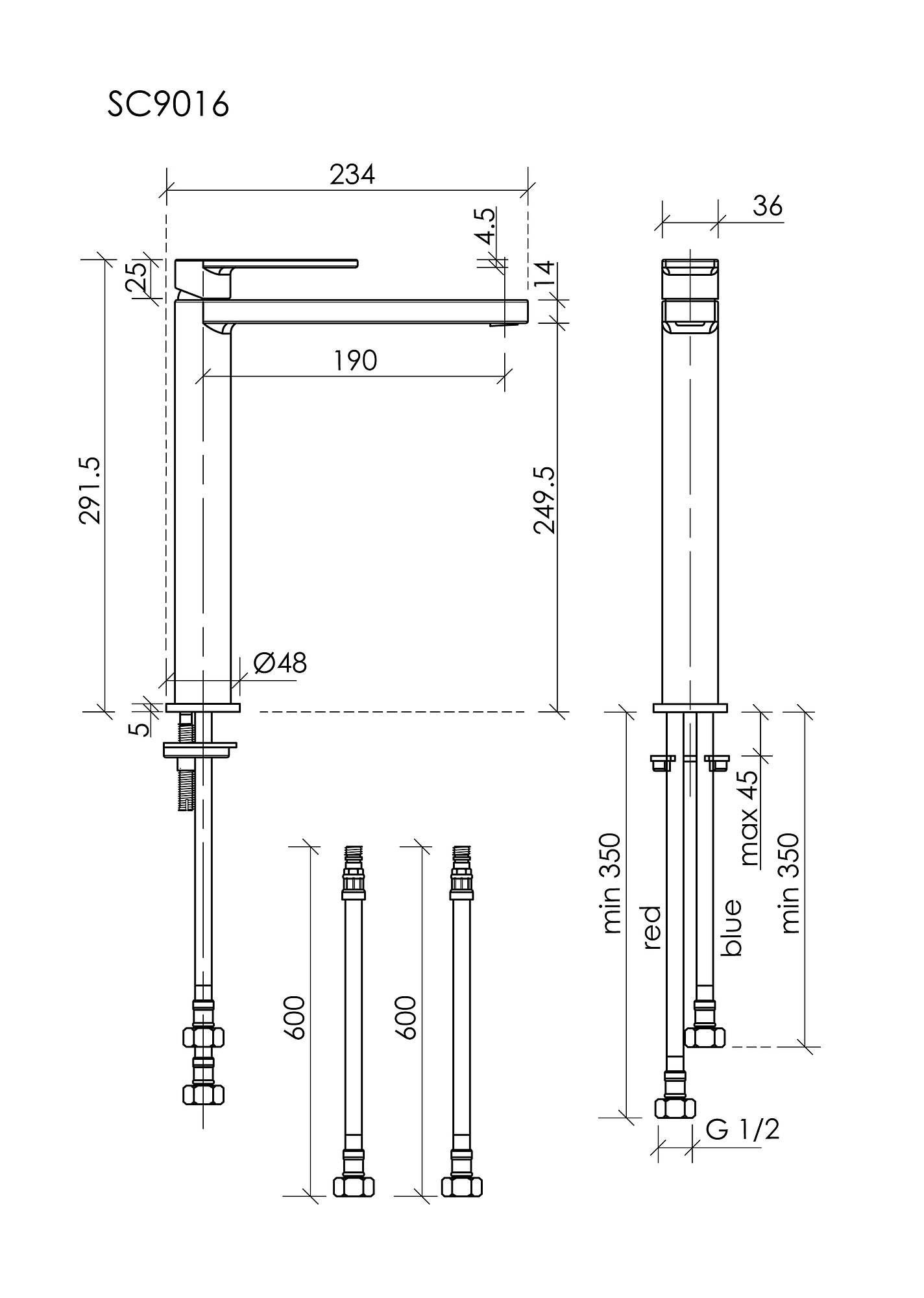 Смеситель для раковины Sancos Студия / Studio высокий, вакуумное напыление (PVD-покрытие), брашированный никель — СМЕ010189 — технический чертёж