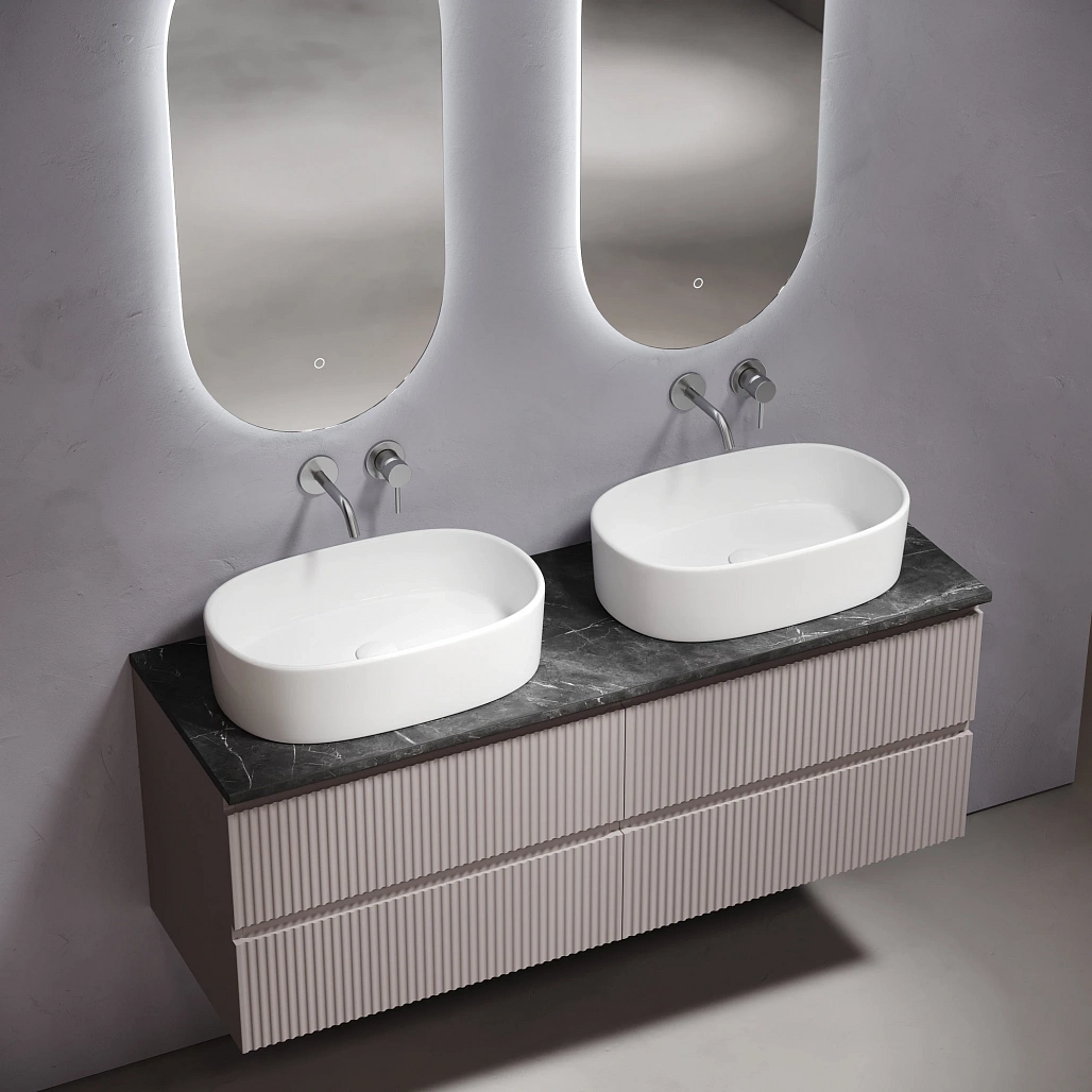 Тумба под столешницу Sancos Сноб Р / Snob R 69x44,5x50 подвесная, пыльная роза / doha soft, столешница 140 см, без отверстия под смеситель, черное небо / black sky — МЕБ009845 — фото 3