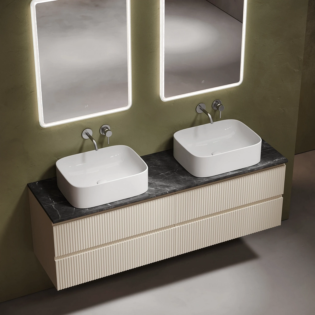 Тумба под столешницу Sancos Сноб Р / Snob R 79x44,5x50 подвесная, бежевый матовый / beige soft, столешница 160 см, без отверстия под смеситель, черное небо / black sky — МЕБ009804 — фото 3