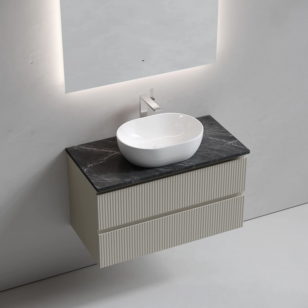 Тумба под столешницу Sancos Сноб T / Snob T 89x44,5x50 подвесная, бежевый матовый / beige soft, столешница с отверстием под смеситель, черное небо / black sky — МЕБ009927 — фото 3