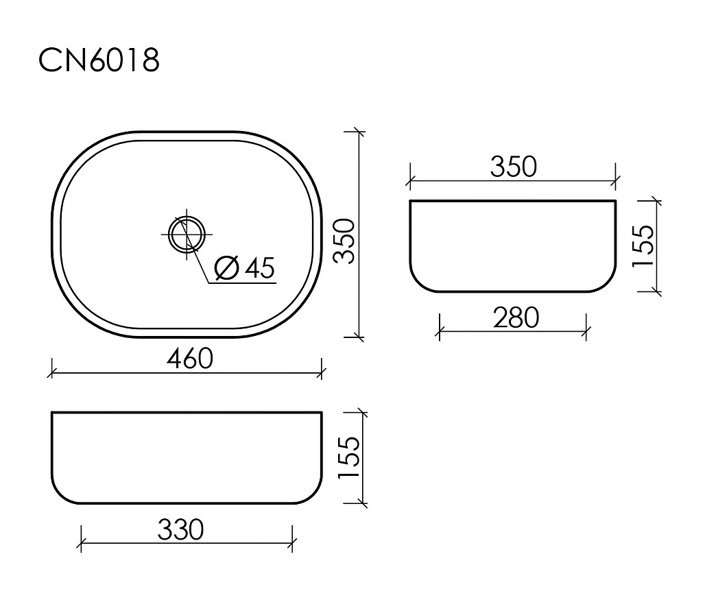 Схема Раковина накладная Ceramicanova Элемент / Element CN6018 46x35x15,5 без перелива, овальная, белый