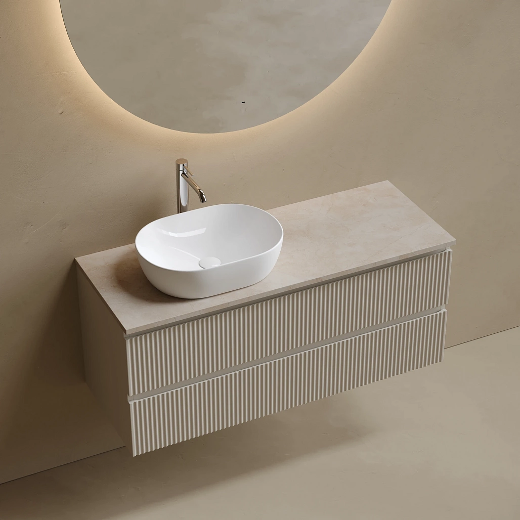 Тумба под столешницу Sancos Сноб Р / Snob R 119,5x44,5x50 левая, подвесная, бежевый матовый / beige soft, столешница с отверстием под смеситель, креман / kreman — МЕБ009818 — фото 3