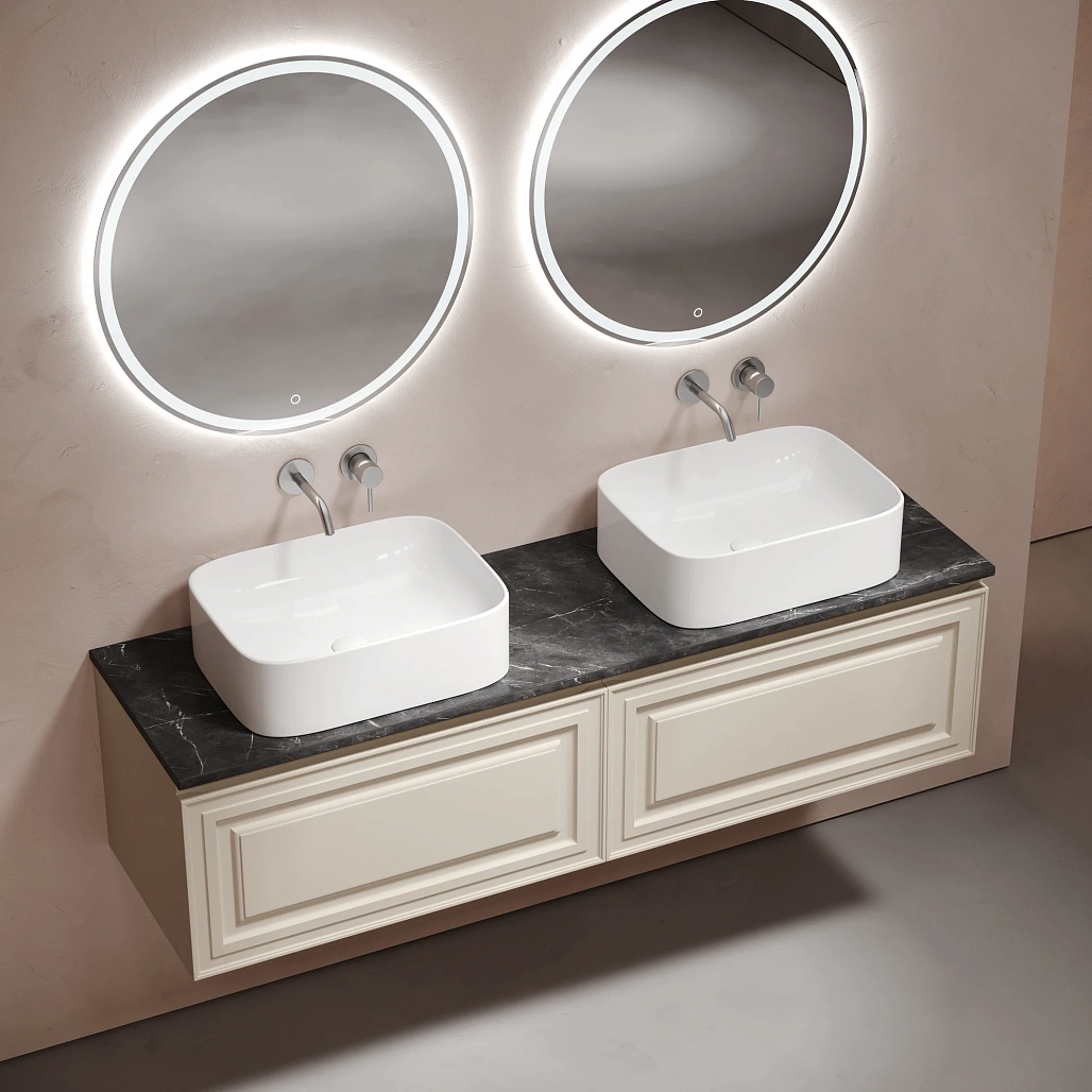Тумба под столешницу Sancos Самая / Very 79x44,5x40,6 подвесная, бежевый матовый / beige soft, столешница 160 см, без отверстия под смеситель, черное небо / black sky — МЕБ009689 — фото 4