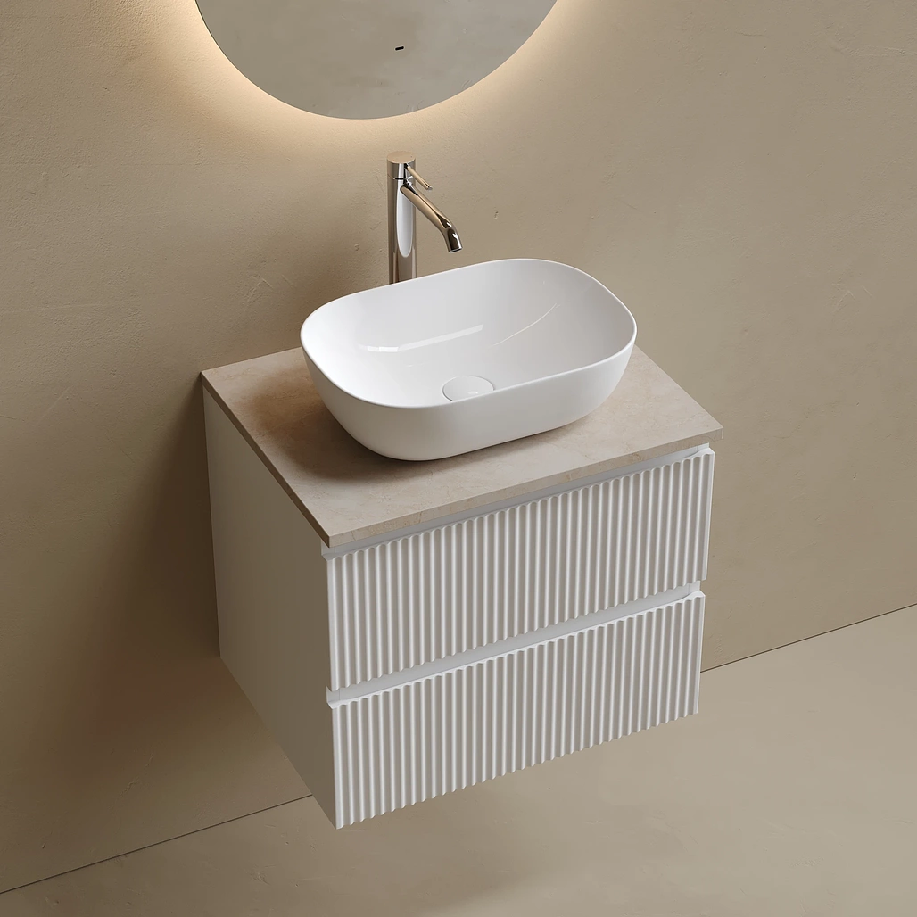 Тумба под столешницу Sancos Сноб Р / Snob R 59x44,5x50 подвесная, бежевый матовый / beige soft, столешница с отверстием под смеситель, креман / kreman — МЕБ009770 — фото 3