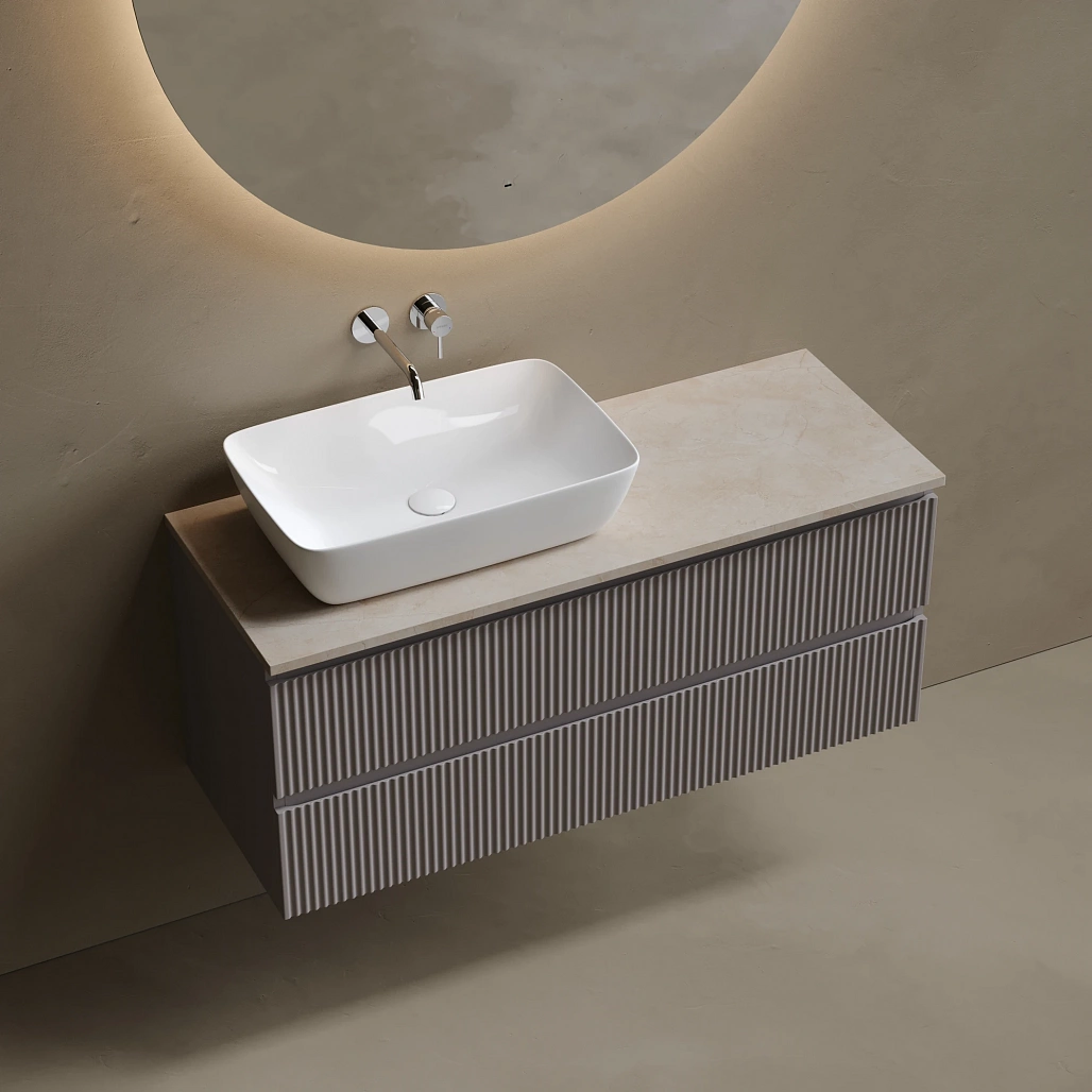 Тумба под столешницу Sancos Сноб Р / Snob R 119,5x44,5x50 левая, подвесная, бежевый матовый / beige soft, столешница без отверстия под смеситель, креман / kreman — МЕБ009820 — фото 3