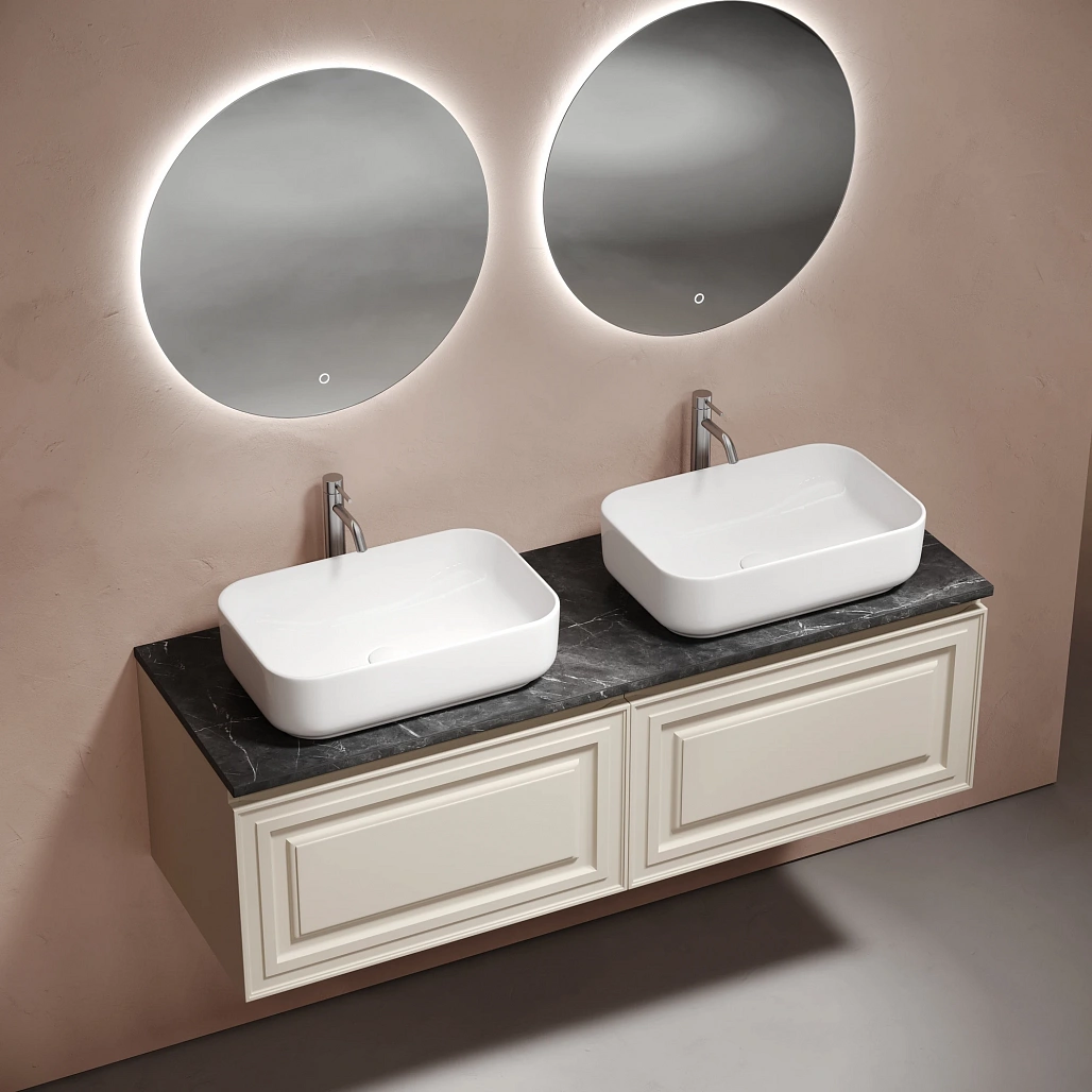 Тумба под столешницу Sancos Самая / Very 69x44,5x40,6 подвесная, бежевый матовый / beige soft, столешница 140 см, с отверстием под смеситель, черное небо / black sky — МЕБ009683 — фото 3