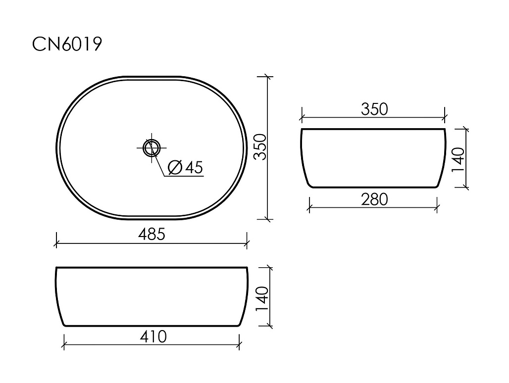 Схема Раковина накладная Ceramicanova Элемент / Element CN6019 48x35x14 без перелива, овальная, белый