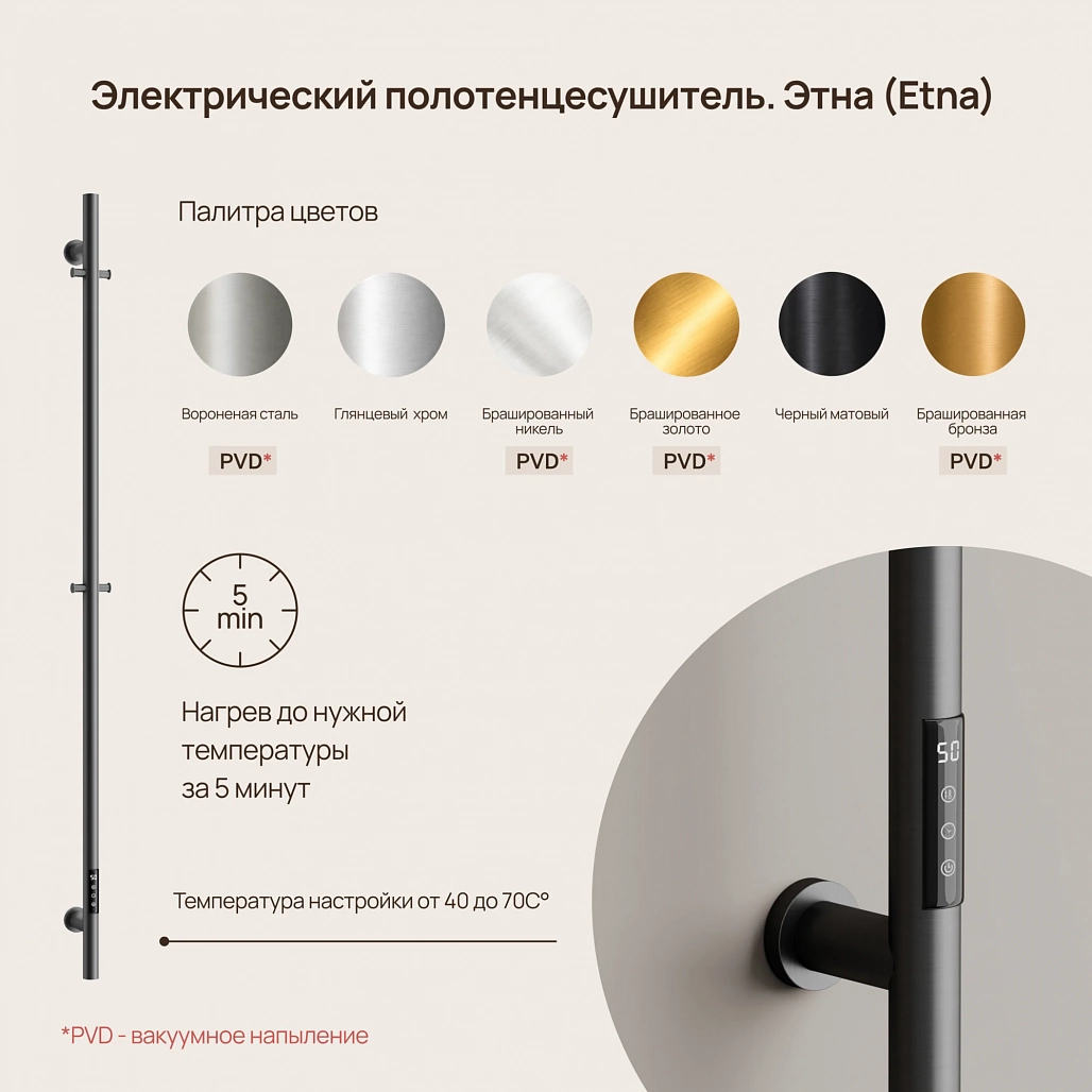 Полотенцесушитель электрический Sancos Этна / Etna SC13001GG 150x3 I-образный, вакуумное напыление (PVD-покрытие), вороненая сталь
