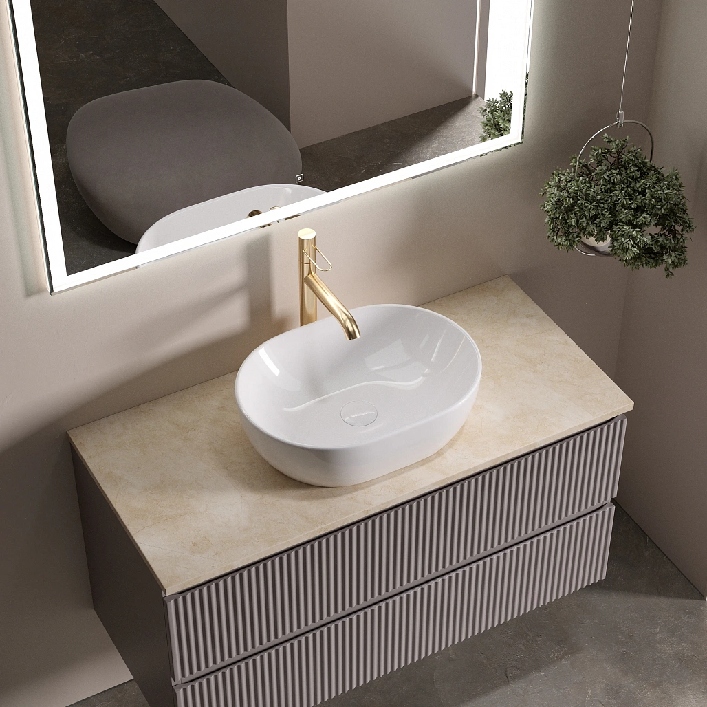 Тумба под столешницу Sancos Сноб Р / Snob R 99,5x44,5x50 подвесная, белый матовый / bianco, столешница с отверстием под смеситель, креман / kreman — МЕБ009763 — фото 6