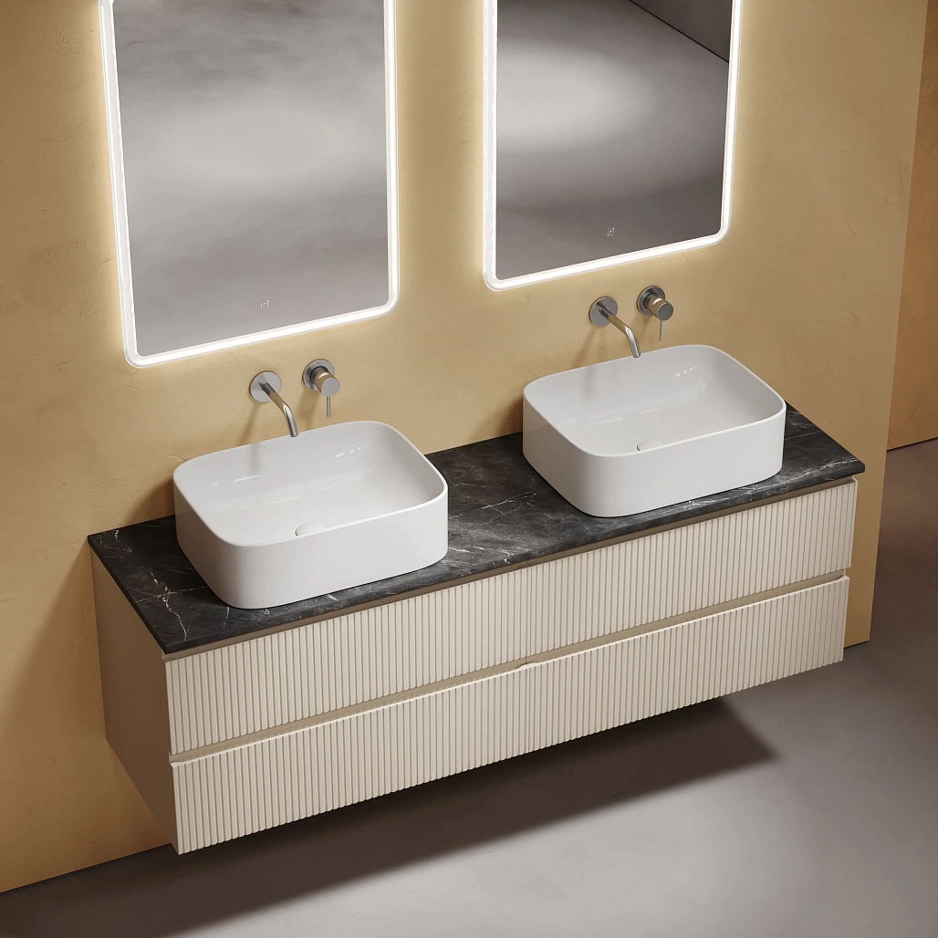 Тумба под столешницу Sancos Сноб T / Snob T 79x44,5x50 подвесная, бежевый матовый / beige soft, столешница 160 см, без отверстия под смеситель, черное небо / black sky — МЕБ009922 — фото 3