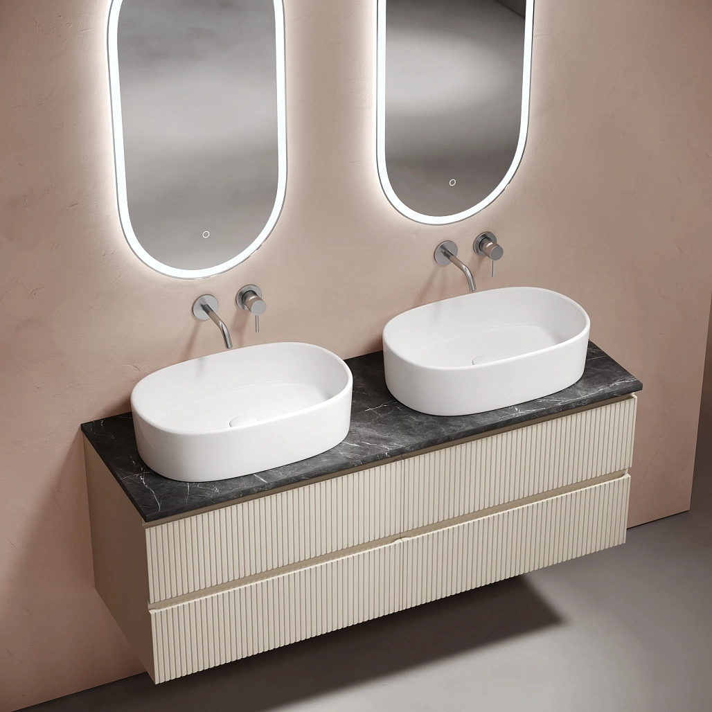 Тумба под столешницу Sancos Сноб T / Snob T 69x44,5x50 подвесная, бежевый матовый / beige soft, столешница 140 см, без отверстия под смеситель, черное небо / black sky — МЕБ009913 — фото 3