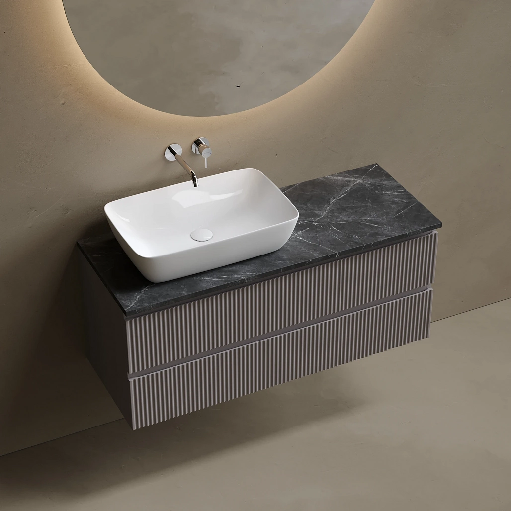 Тумба под столешницу Sancos Сноб Р / Snob R 119,5x44,5x50 левая, подвесная, бежевый матовый / beige soft, столешница без отверстия под смеситель, черное небо / black sky — МЕБ009821 — фото 3