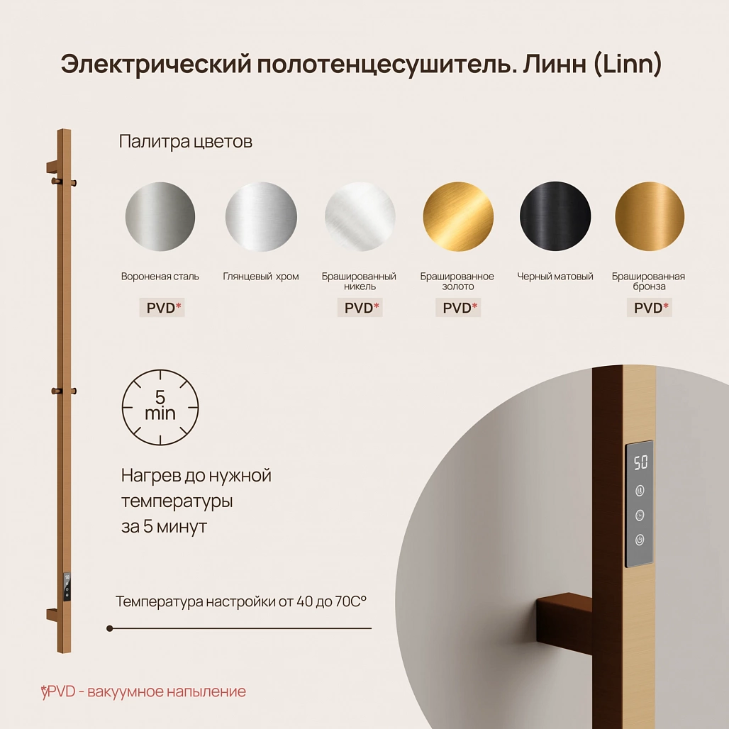 Полотенцесушитель электрический Sancos Линн / Linn 150x3 I-образный, вакуумное напыление (PVD-покрытие), брашированная бронза — ПОЛ009991 — фото 2