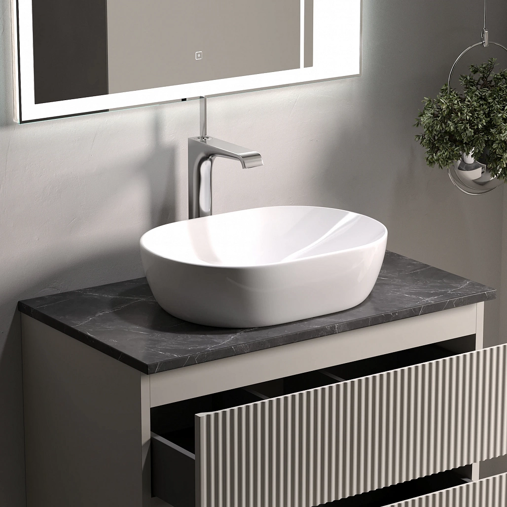 Тумба под столешницу Sancos Сноб Р / Snob R 79x44,5x50 подвесная, бежевый матовый / beige soft, столешница с отверстием под смеситель, черное небо / black sky — МЕБ009747 — фото 6