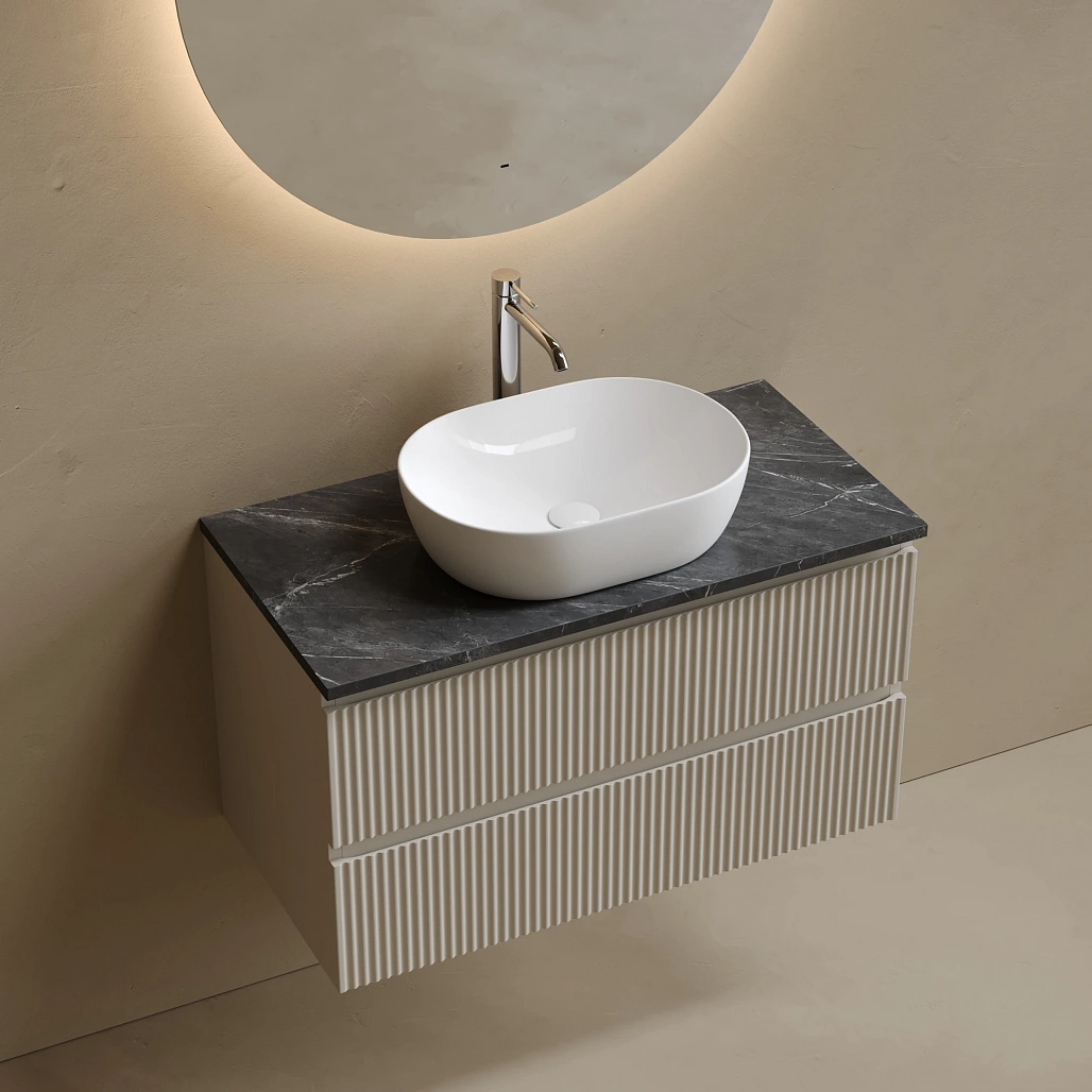Тумба под столешницу Sancos Сноб Р / Snob R 89x44,5x50 подвесная, бежевый матовый / beige soft, столешница с отверстием под смеситель, черное небо / black sky — МЕБ009811 — фото 3