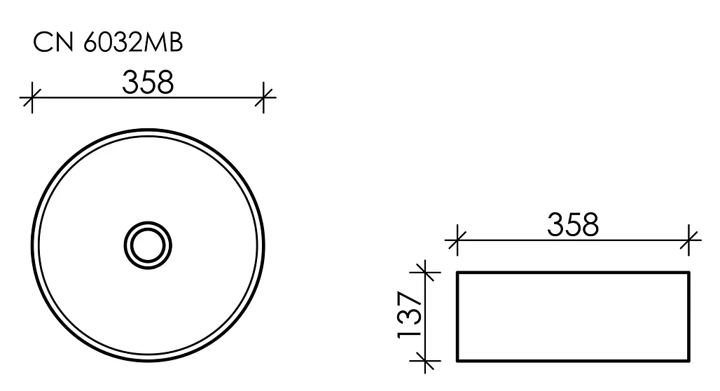 Схема Раковина накладная Ceramicanova Элемент / Element CN6032MB 35,8x35,8x13,7 без перелива, круглая, черный матовый