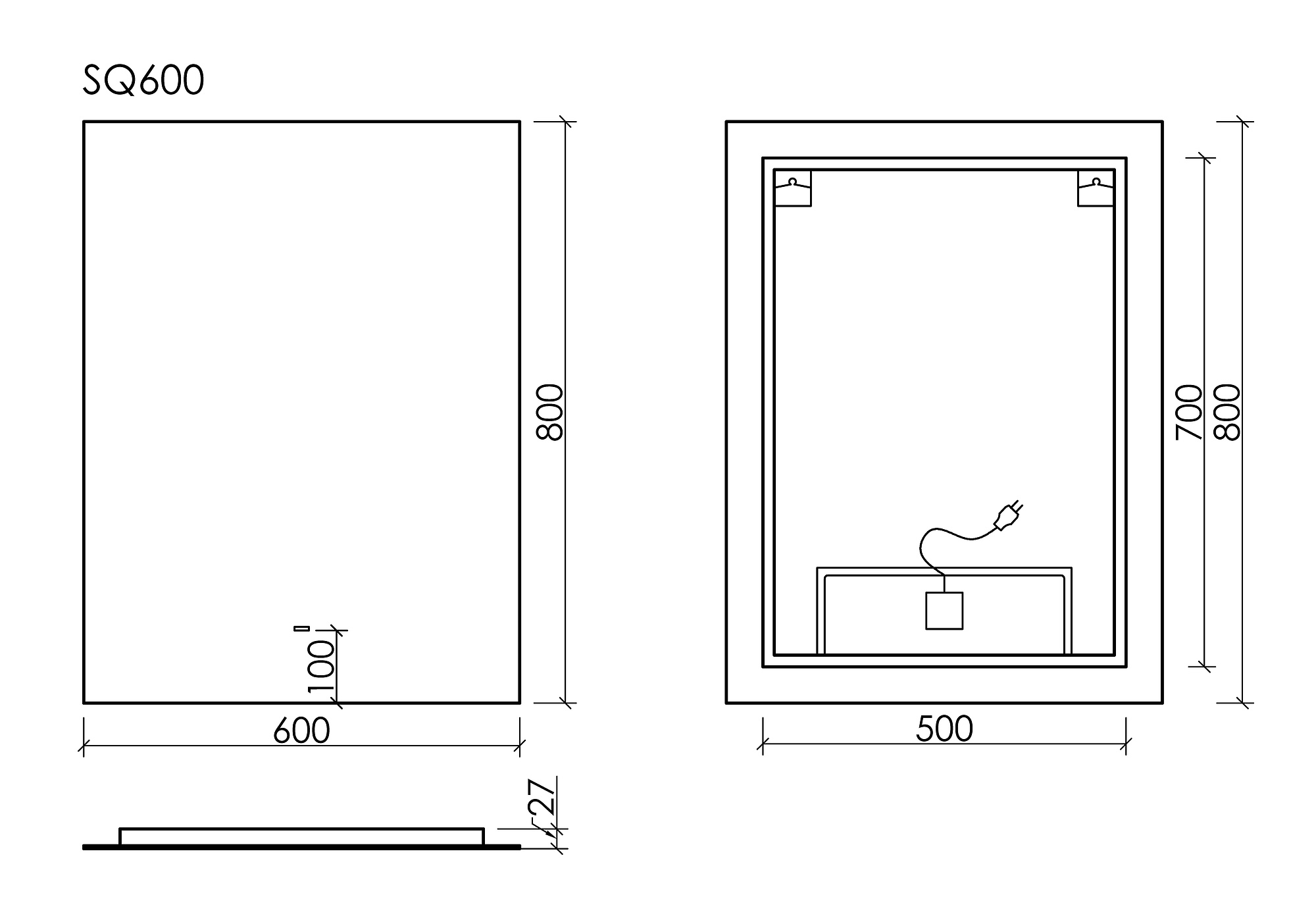 Зеркало Sancos Поле / Square 60x80 светодиодная подсветка 6000K, управление взмахом руки, диммируемая регулировка подсветки — ЗЕР010377 — технический чертёж