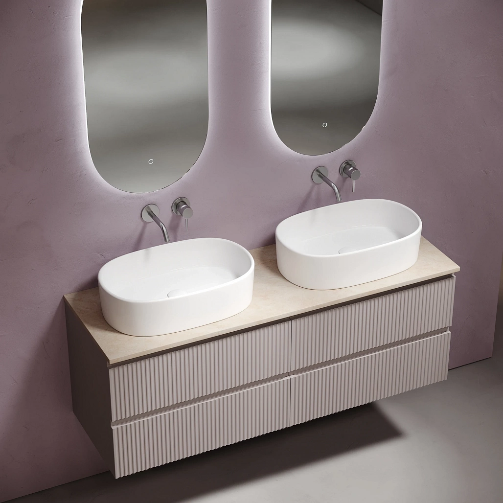 Тумба под столешницу Sancos Сноб Р / Snob R 69x44,5x50 подвесная, пыльная роза / doha soft, столешница 140 см, без отверстия под смеситель, креман / kreman — МЕБ009844 — фото 3