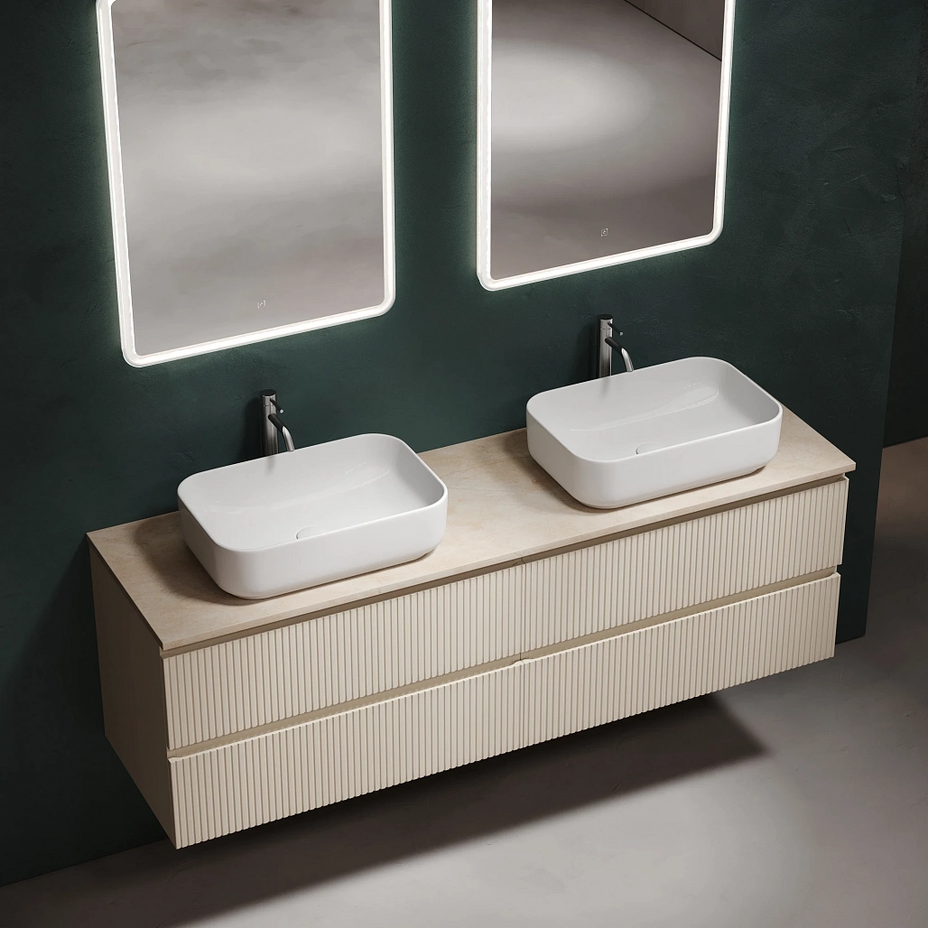 Тумба под столешницу Sancos Сноб Р / Snob R 79x44,5x50 подвесная, бежевый матовый / beige soft, столешница 160 см, с отверстием под смеситель, креман / kreman — МЕБ009806 — фото 3