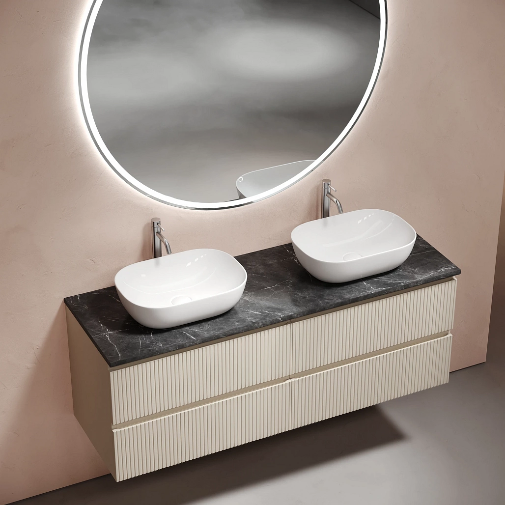 Тумба под столешницу Sancos Сноб T / Snob T 69x44,5x50 подвесная, бежевый матовый / beige soft, столешница 140 см, с отверстием под смеситель, черное небо / black sky — МЕБ009916 — фото 3