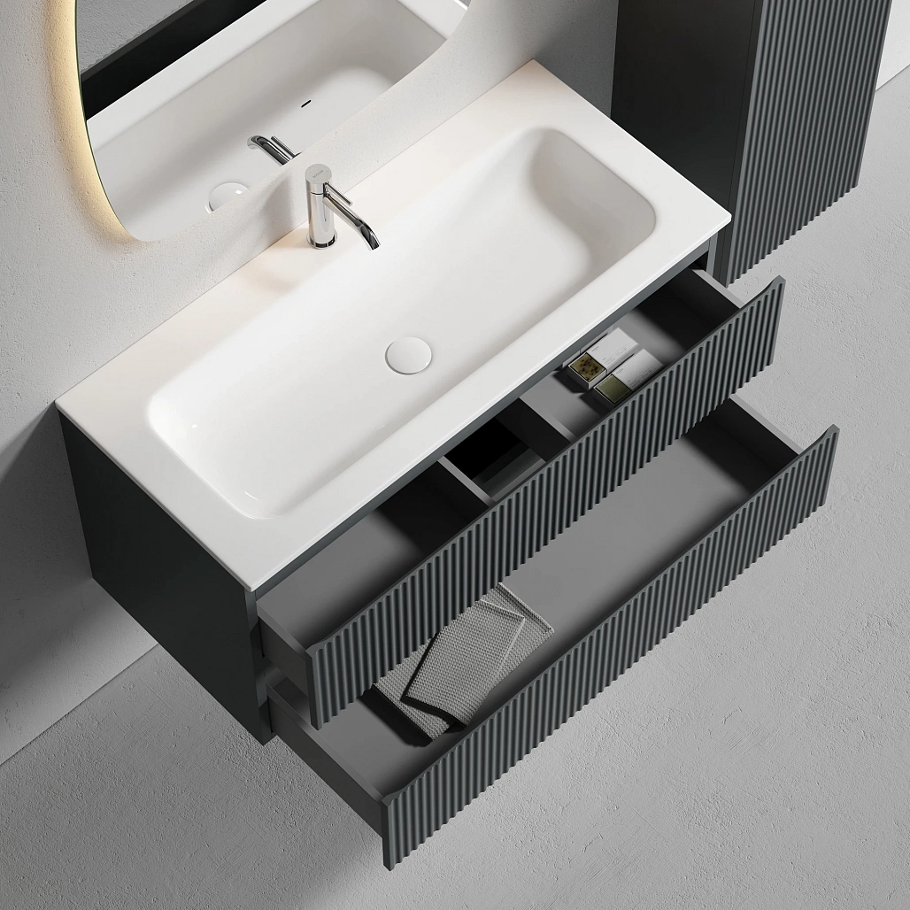 Тумба под раковину Sancos Сноб Р / Snob R 99,5x44,5x50 подвесная, два ящика, темный антрацит матовый — МЕБ009132 — фото 5