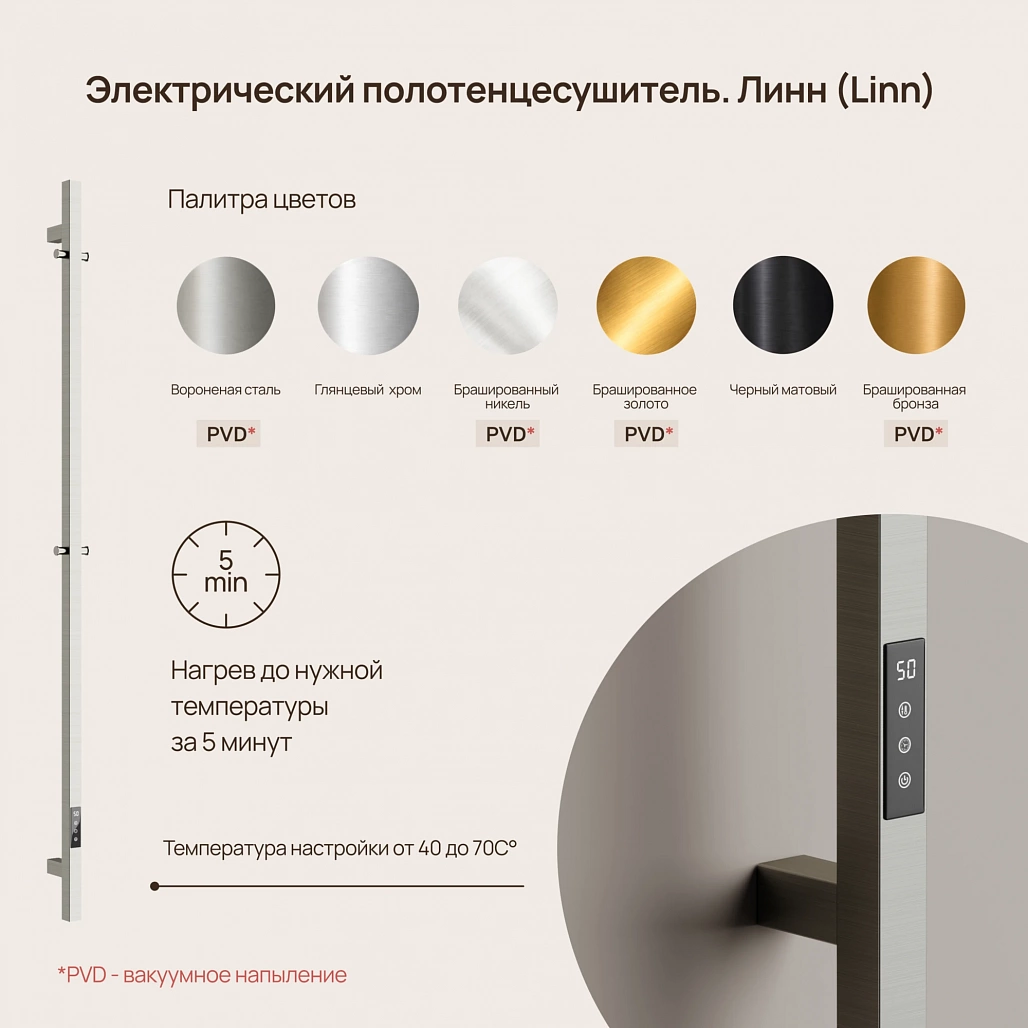 Полотенцесушитель электрический Sancos Линн / Linn SC13002BN 150x3 I-образный, вакуумное напыление (PVD-покрытие), брашированный никель