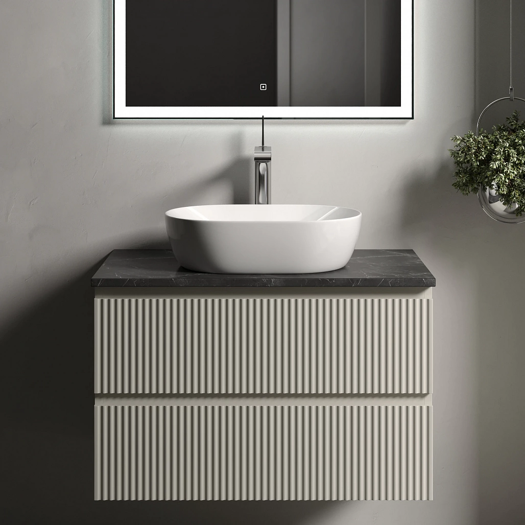 Тумба под столешницу Sancos Сноб Р / Snob R 79x44,5x50 подвесная, бежевый матовый / beige soft, столешница с отверстием под смеситель, черное небо / black sky — МЕБ009747 — фото 2