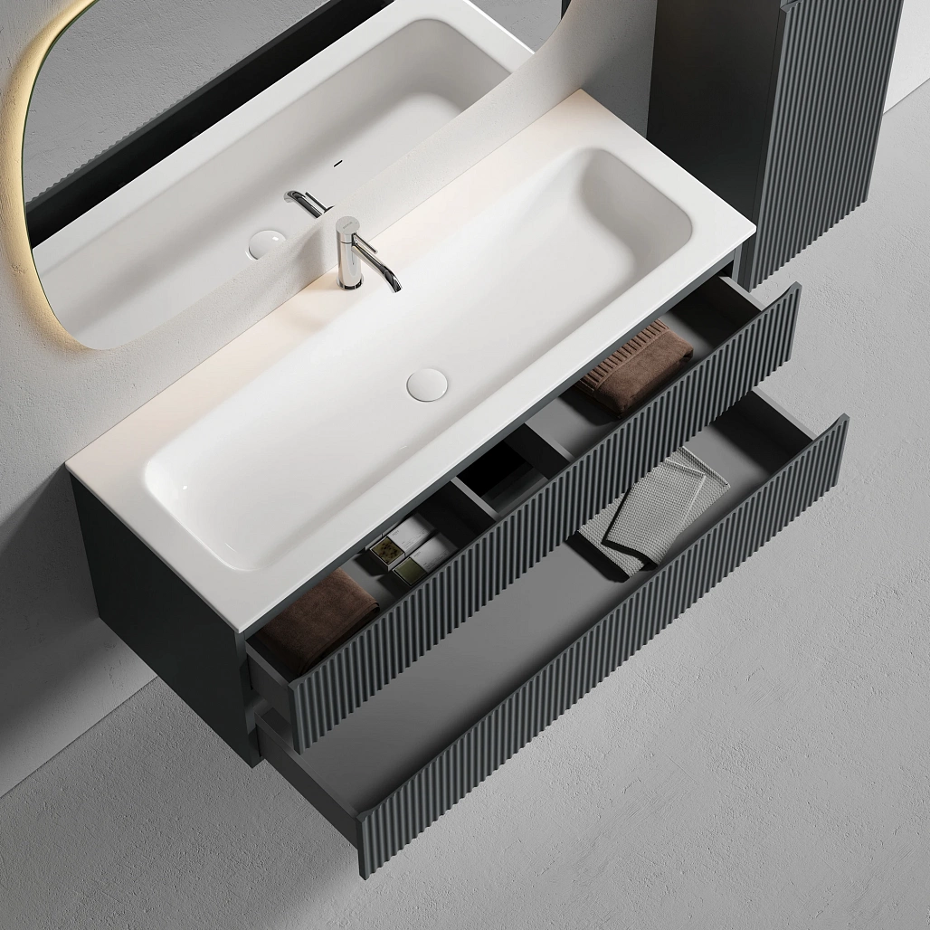 Тумба под раковину Sancos Сноб Р / Snob R 119,5x44,5x50 подвесная, два ящика, темный антрацит матовый — МЕБ009128 — фото 5