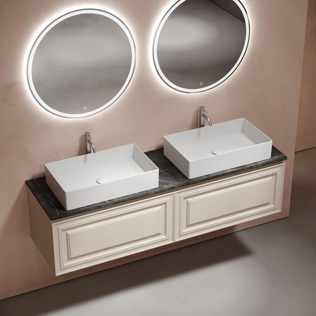 Тумба под столешницу Sancos Самая / Very 79x44,5x40,6 подвесная, бежевый матовый / beige soft, столешница 160 см, с отверстием под смеситель, черное небо / black sky — МЕБ009691 — фото 3