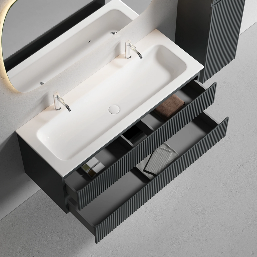 Тумба под раковину Sancos Сноб Р / Snob R 119,5x44,5x50 подвесная, два ящика, темный антрацит матовый — МЕБ009128 — фото 10