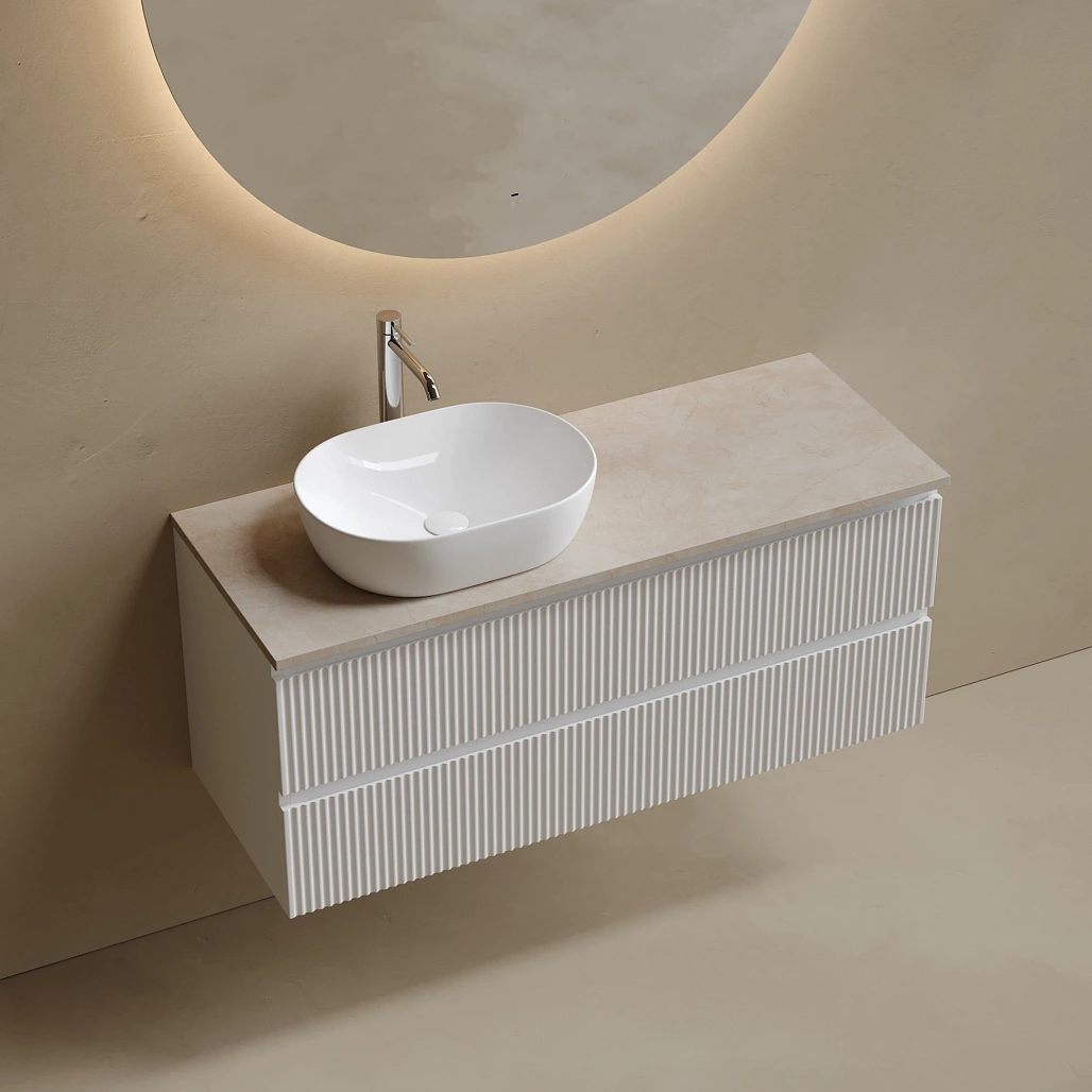 Тумба под столешницу Sancos Сноб Р / Snob R 119,5x44,5x50 левая, подвесная, пыльная роза / doha soft, столешница с отверстием под смеситель, креман / kreman — МЕБ009815 — фото 3