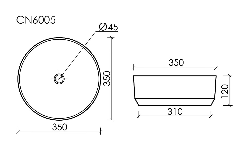 Схема Раковина накладная Ceramicanova Элемент / Element CN6005 35,5x35,5x12,5 без перелива, круглая, белый