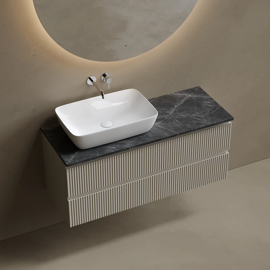 Тумба под столешницу Sancos Сноб Р / Snob R 119,5x44,5x50 левая, подвесная, бежевый матовый / beige soft, столешница без отверстия под смеситель, черное небо / black sky — МЕБ009817 — фото 2