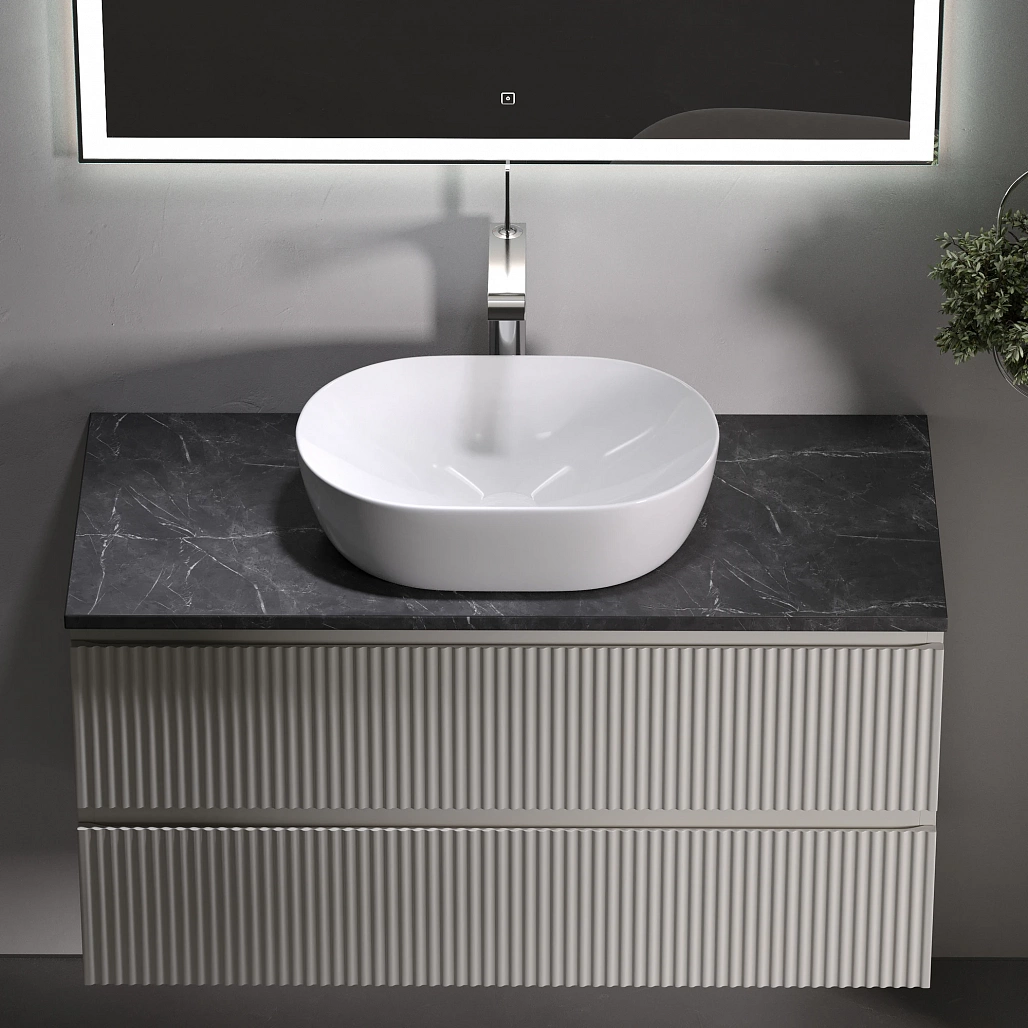 Тумба под столешницу Sancos Сноб Р / Snob R 99,5x44,5x50 подвесная, бежевый матовый / beige soft, столешница с отверстием под смеситель, черное небо / black sky — МЕБ009750 — фото 3