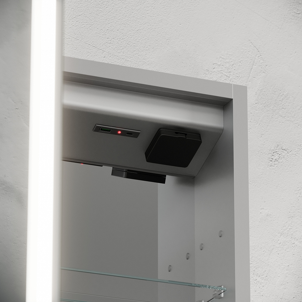 Зеркальный шкаф Sancos Реформа / Evoke 60x70 светодиодная подсветка, корпус из алюминия, розетка 220V, разъемы USB и Type-C, бесконтактное управление, серый — МЕБ010325 — фото 6