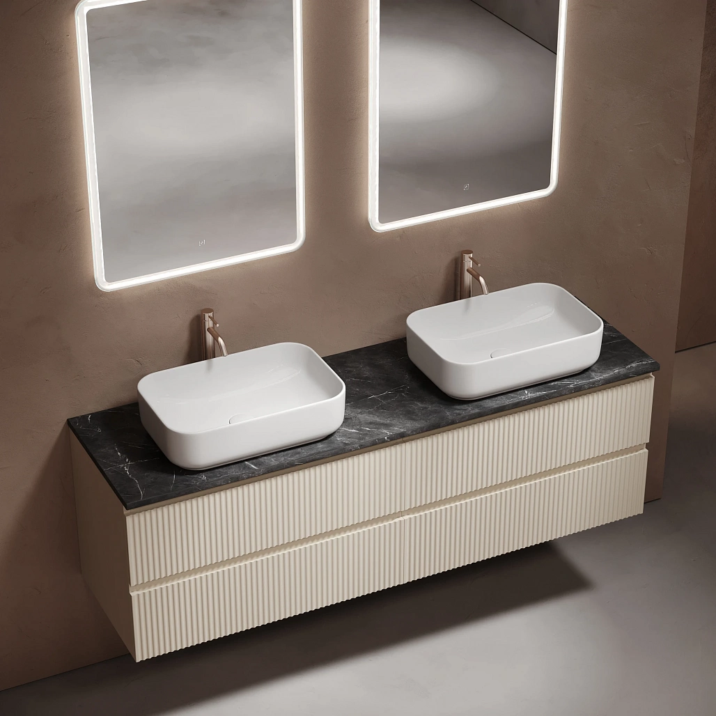 Тумба под столешницу Sancos Сноб Р / Snob R 79x44,5x50 подвесная, бежевый матовый / beige soft, столешница 160 см, с отверстием под смеситель, черное небо / black sky — МЕБ009807 — фото 2