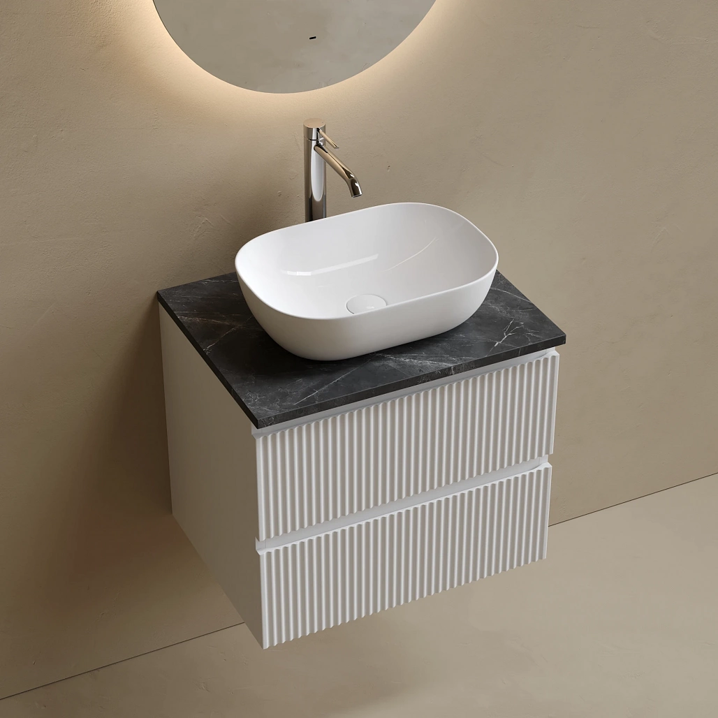 Тумба под столешницу Sancos Сноб Р / Snob R 59x44,5x50 подвесная, бежевый матовый / beige soft, столешница с отверстием под смеситель, черное небо / black sky — МЕБ009771 — фото 3