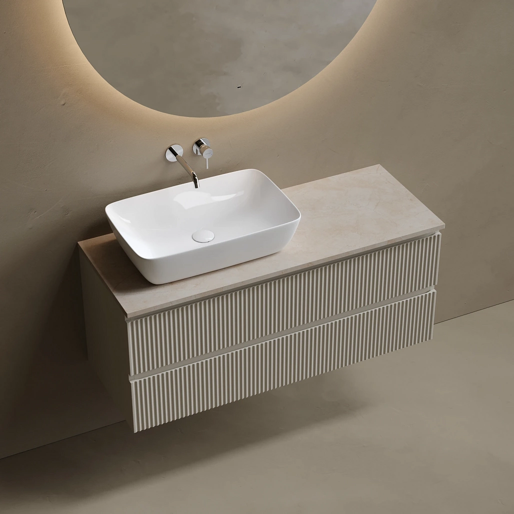 Тумба под столешницу Sancos Сноб Р / Snob R 119,5x44,5x50 левая, подвесная, бежевый матовый / beige soft, столешница без отверстия под смеситель, креман / kreman — МЕБ009816 — фото 2